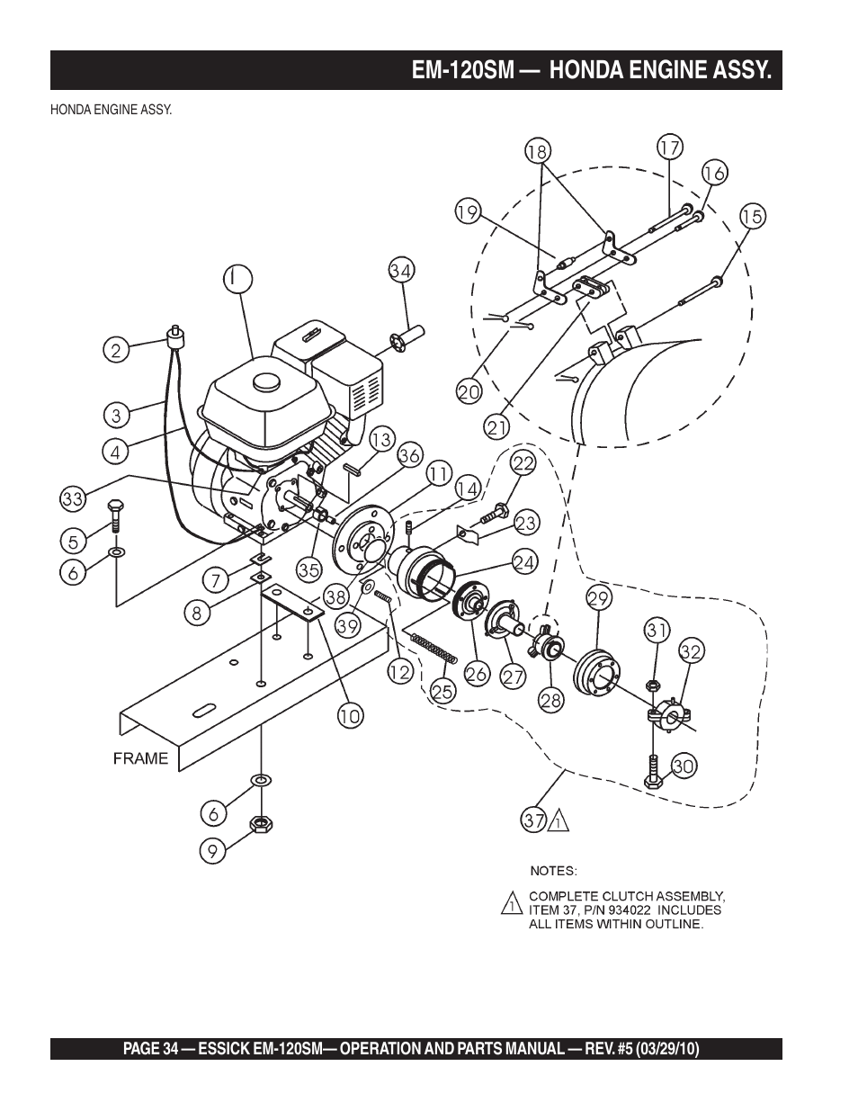 Em-120sm — honda engine assy | Multiquip EM120SM User Manual | Page 34 / 42