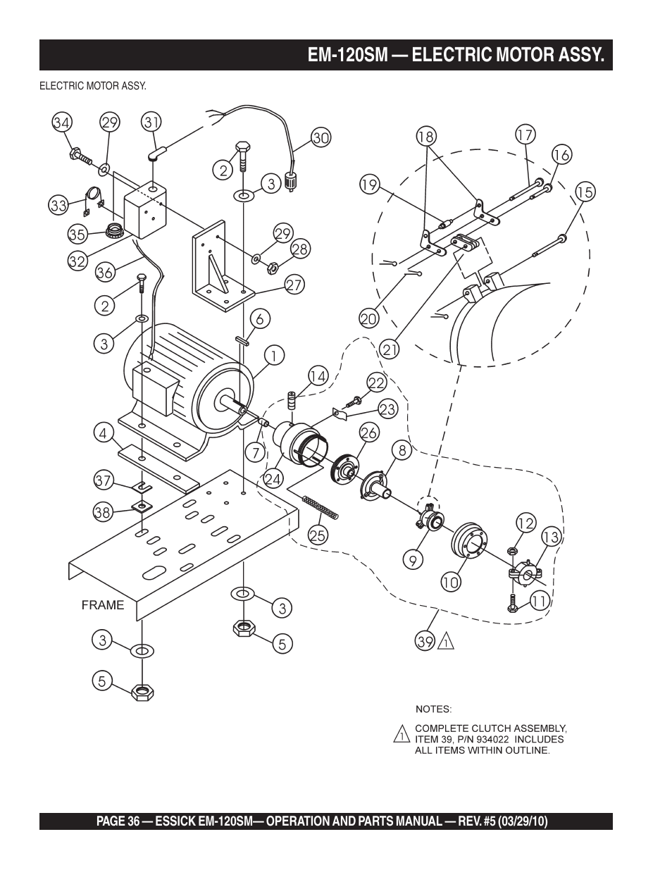 Em-120sm — electric motor assy | Multiquip EM120SM User Manual | Page 36 / 42