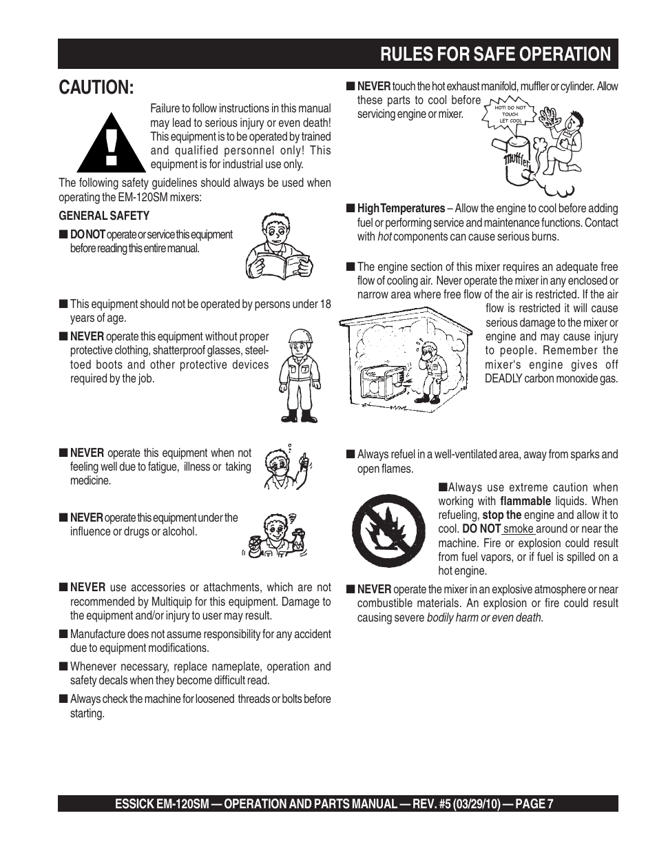 Caution, Rules for safe operation | Multiquip EM120SM User Manual | Page 7 / 42