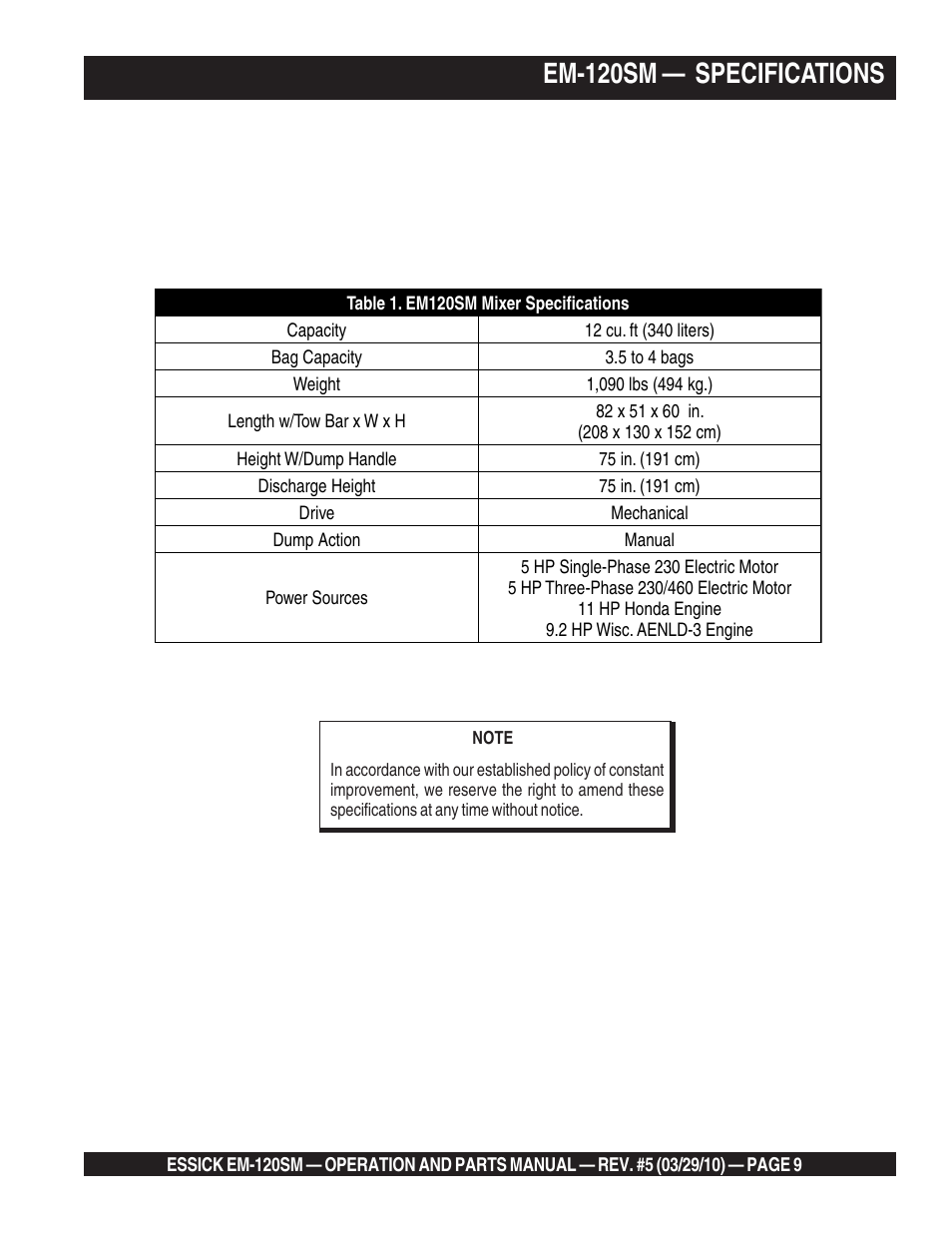 Em-120sm — specifications | Multiquip EM120SM User Manual | Page 9 / 42