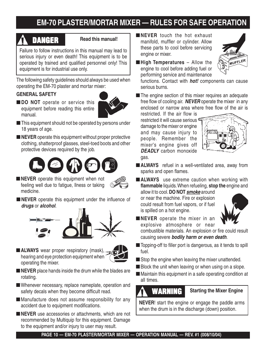 Danger, Warning | Multiquip EM70P User Manual | Page 10 / 40