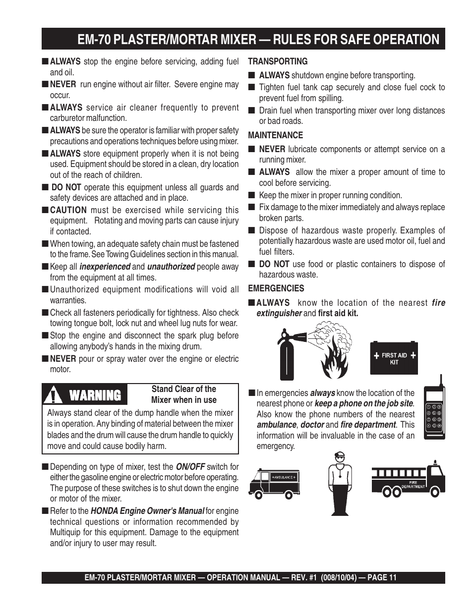 Warning | Multiquip EM70P User Manual | Page 11 / 40
