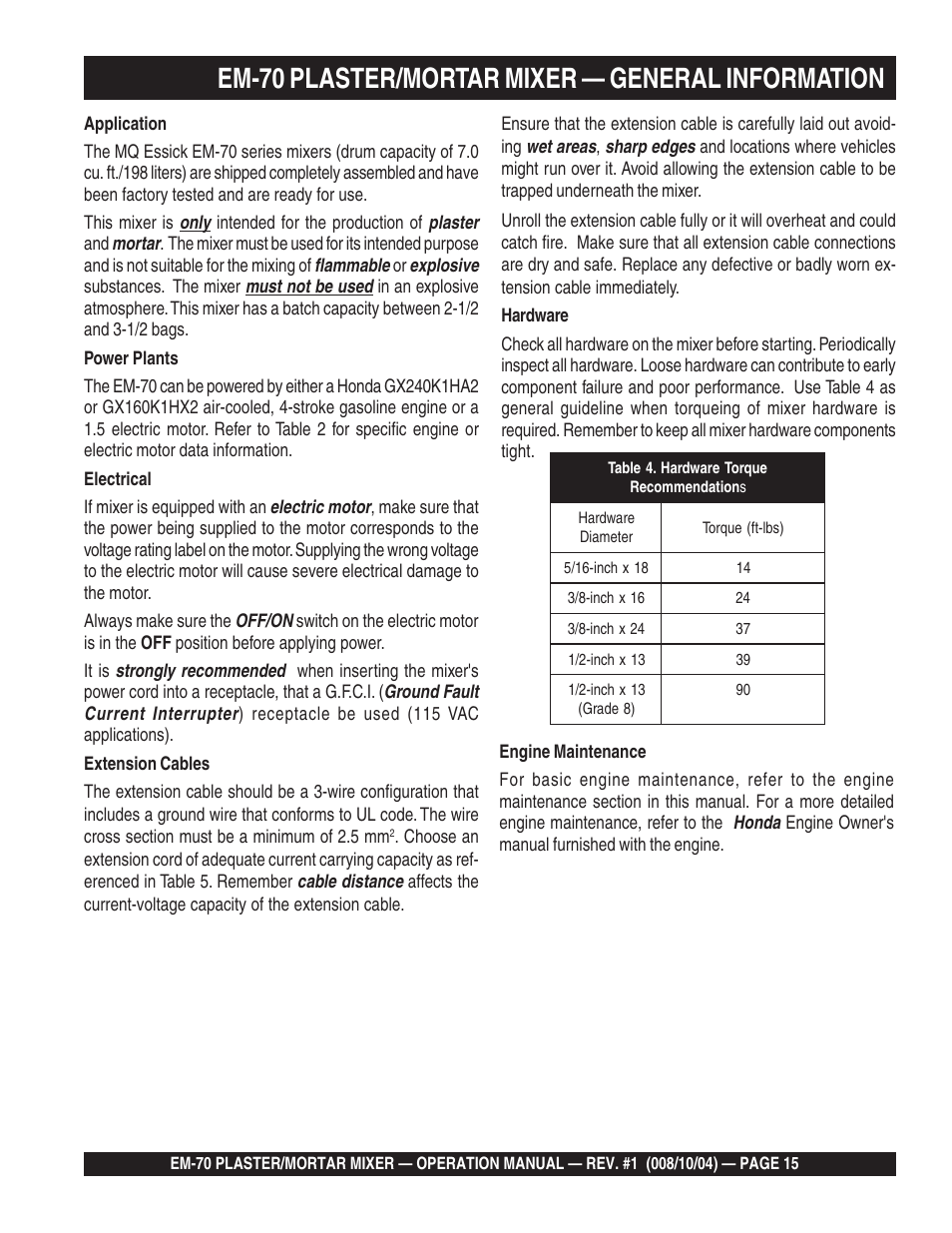 Em-70 plaster/mortar mixer — general information | Multiquip EM70P User Manual | Page 15 / 40