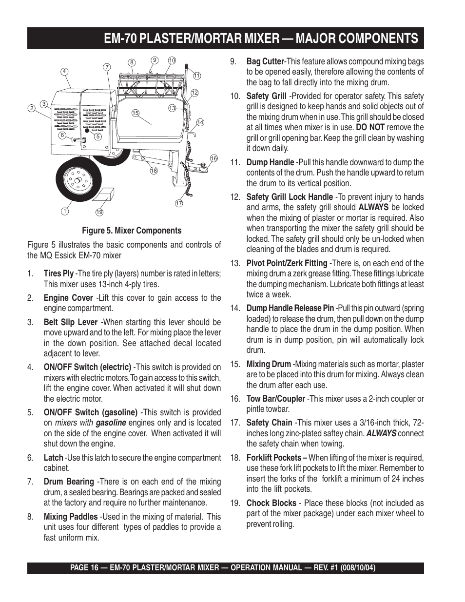 Em-70 plaster/mortar mixer — major components | Multiquip EM70P User Manual | Page 16 / 40