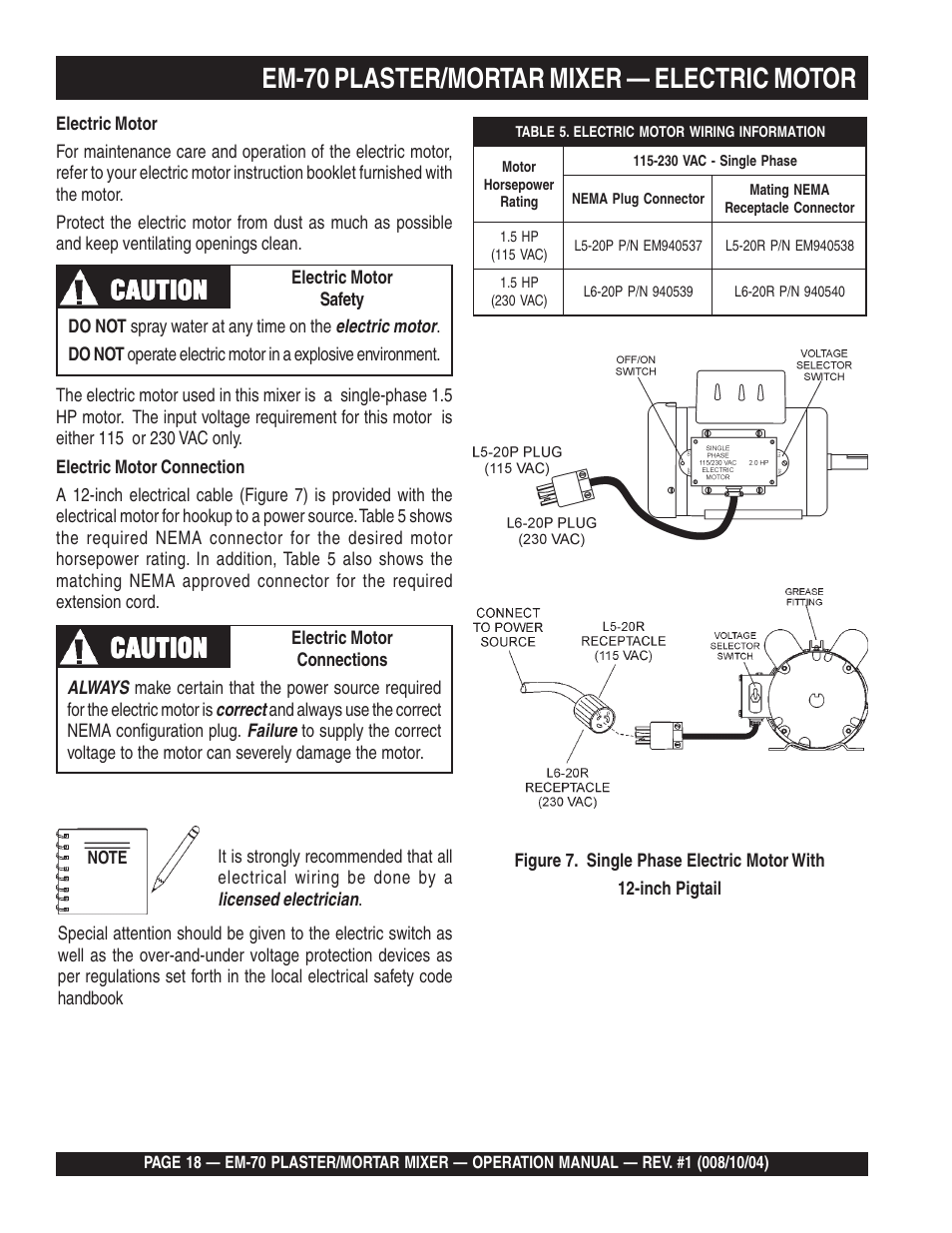 Em-70 plaster/mortar mixer — electric motor, Caution | Multiquip EM70P User Manual | Page 18 / 40