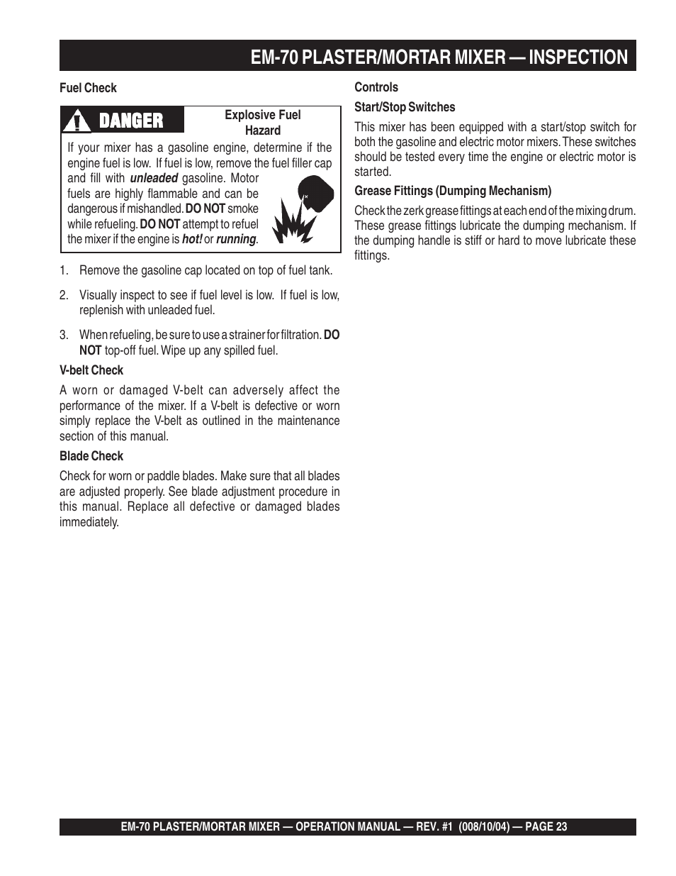 Em-70 plaster/mortar mixer — inspection, Danger | Multiquip EM70P User Manual | Page 23 / 40