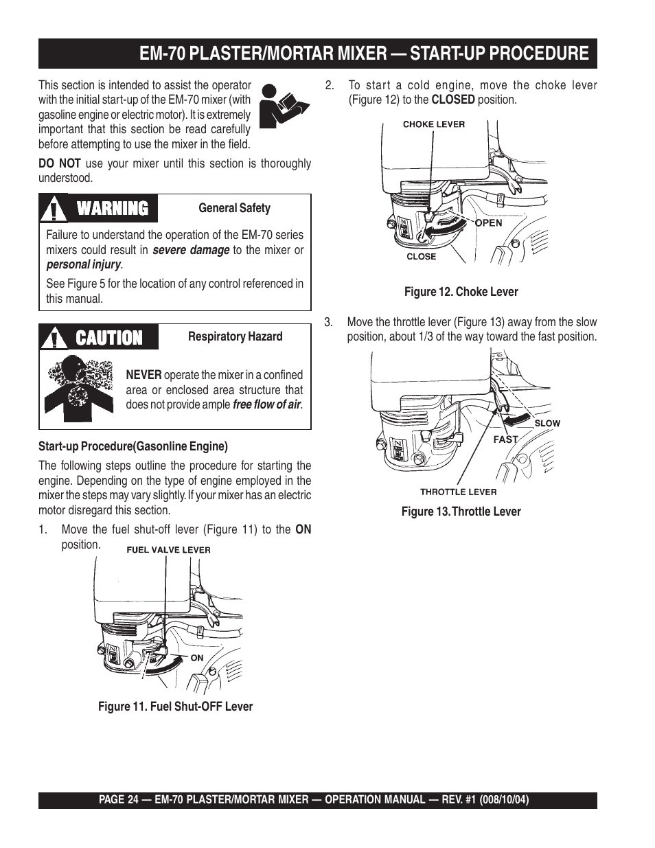 Em-70 plaster/mortar mixer — start-up procedure, Warning, Warning caution caution caution caution caution | Multiquip EM70P User Manual | Page 24 / 40