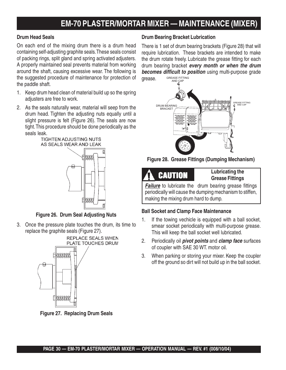 Em-70 plaster/mortar mixer — maintenance (mixer), Caution | Multiquip EM70P User Manual | Page 30 / 40