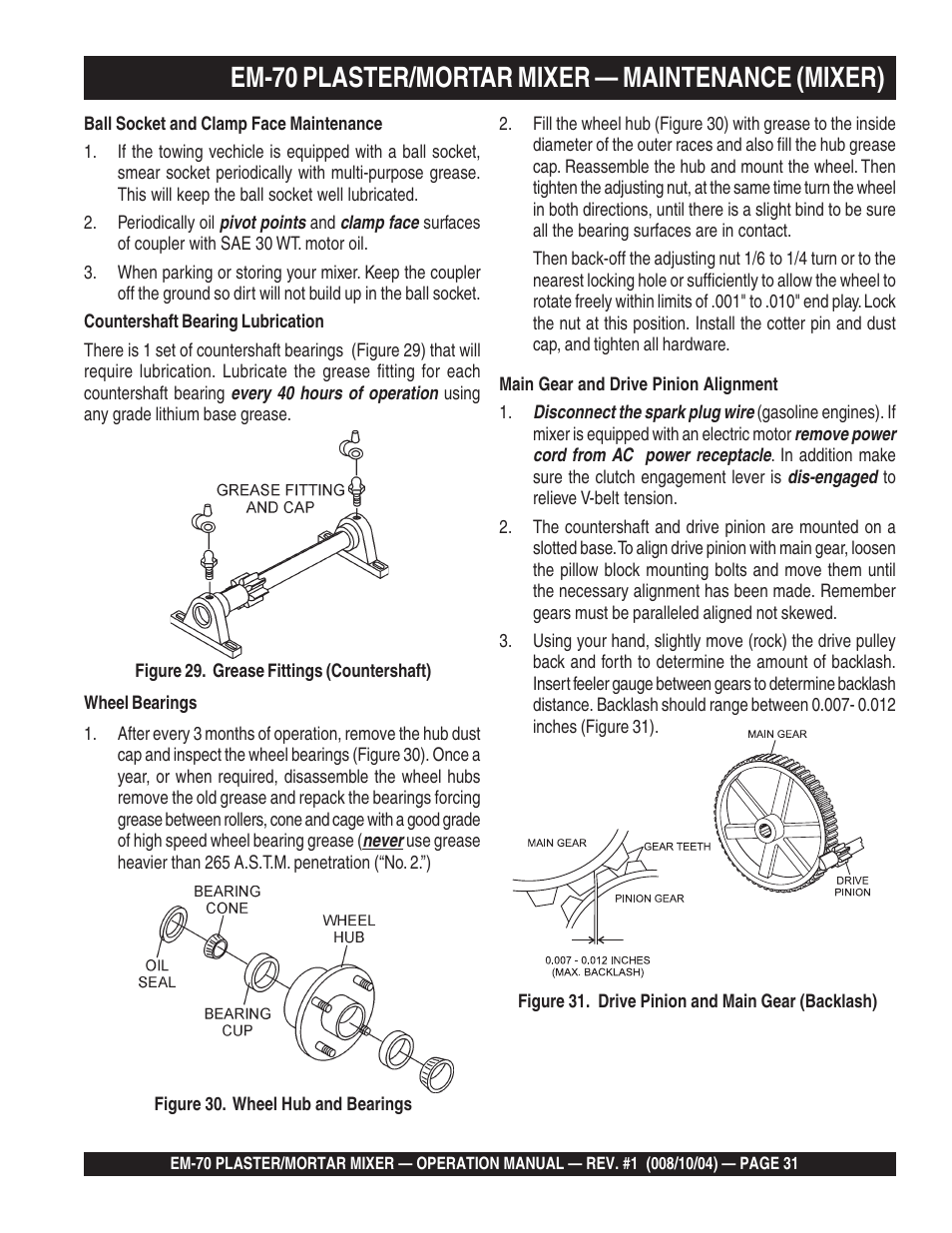 Em-70 plaster/mortar mixer — maintenance (mixer) | Multiquip EM70P User Manual | Page 31 / 40