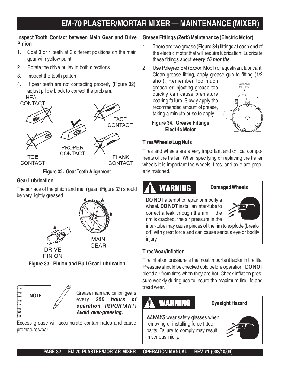 Em-70 plaster/mortar mixer — maintenance (mixer), Warning | Multiquip EM70P User Manual | Page 32 / 40