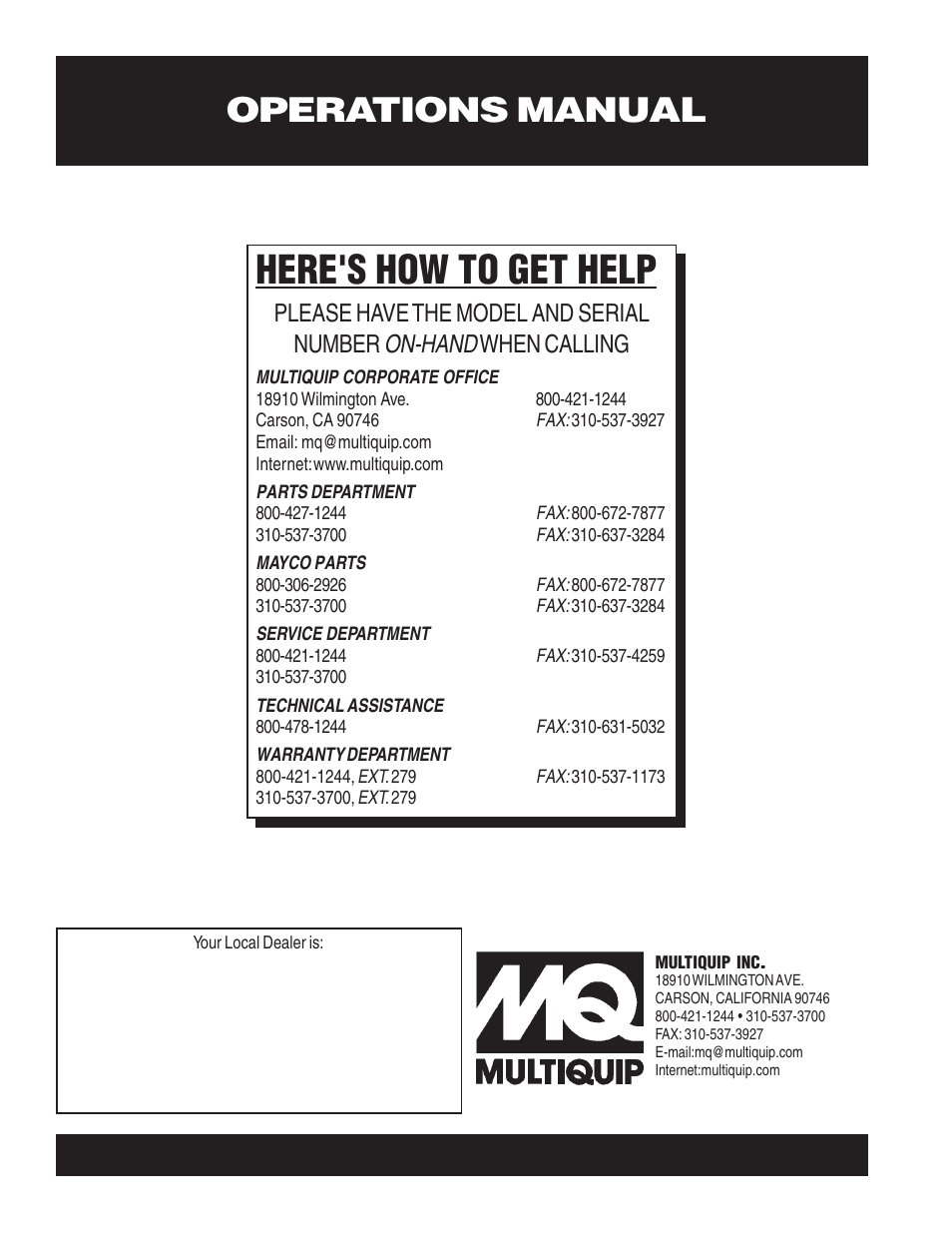 Here's how to get help, Operations manual, On-hand | Please have the model and serial number, When calling | Multiquip EM70P User Manual | Page 40 / 40