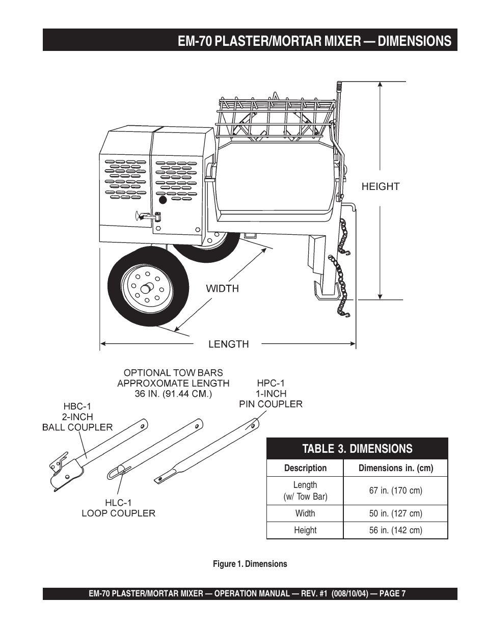Em-70 plaster/mortar mixer — dimensions | Multiquip EM70P User Manual | Page 7 / 40