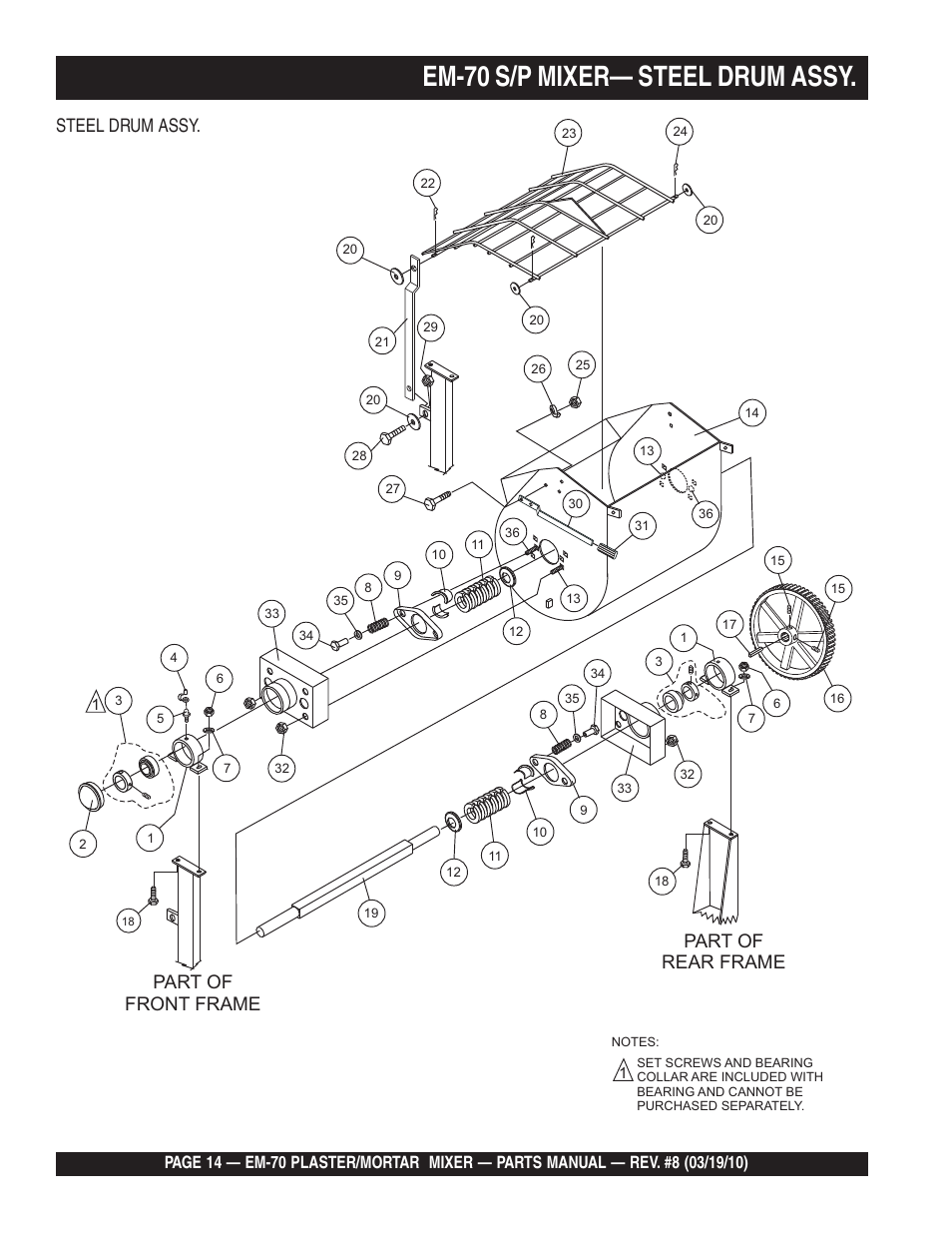 Em-70 s/p mixer— steel drum assy, Steel drum assy, Part of front frame part of rear frame | Multiquip EM70P User Manual | Page 14 / 100