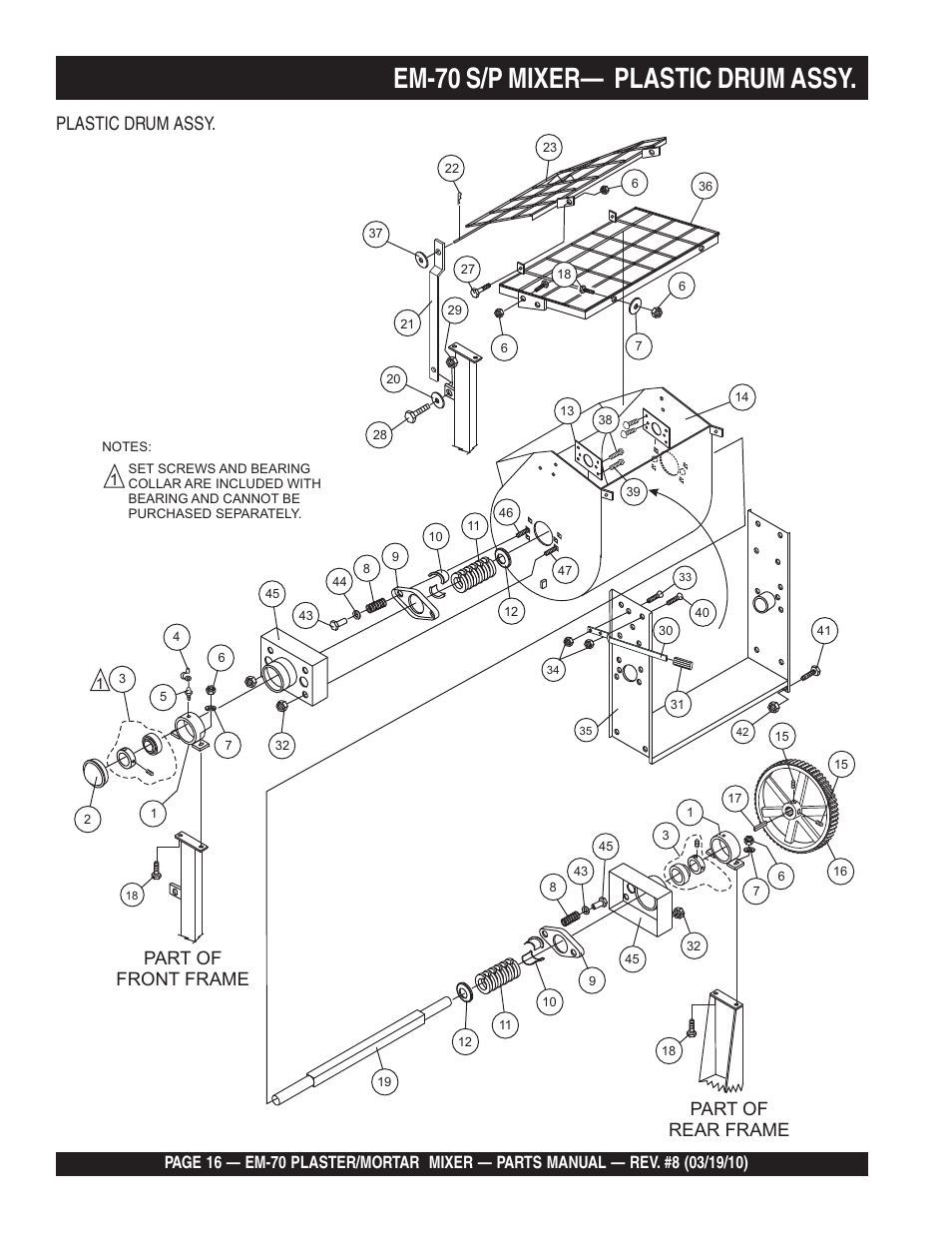 Em-70 s/p mixer— plastic drum assy, Plastic drum assy, Part of front frame | Part of rear frame | Multiquip EM70P User Manual | Page 16 / 100