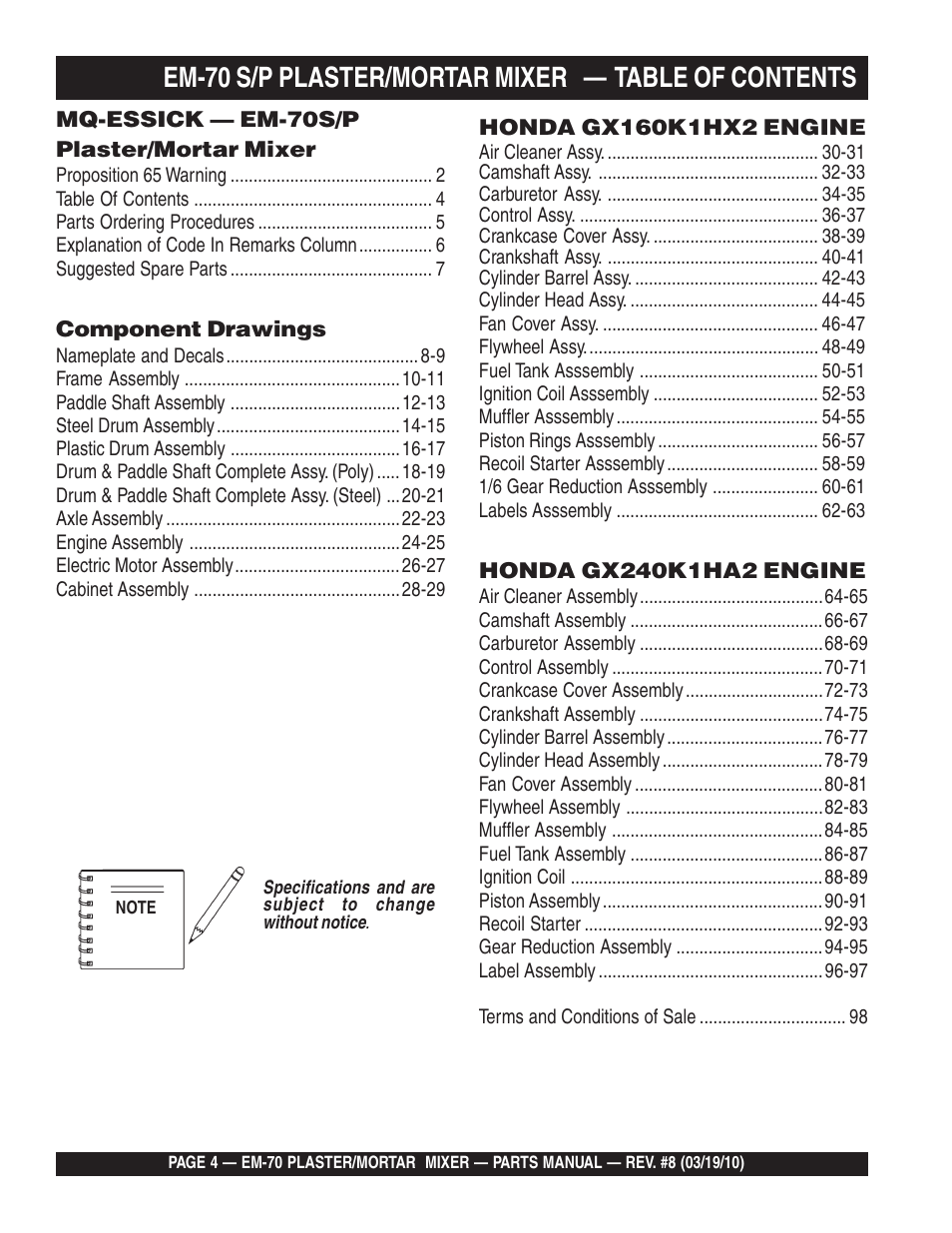Em-70 s/p plaster/mortar mixer — table of contents | Multiquip EM70P User Manual | Page 4 / 100