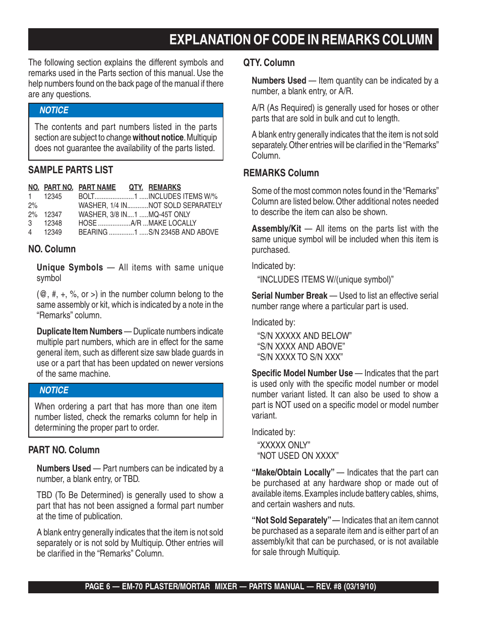 Explanation of code in remarks column | Multiquip EM70P User Manual | Page 6 / 100