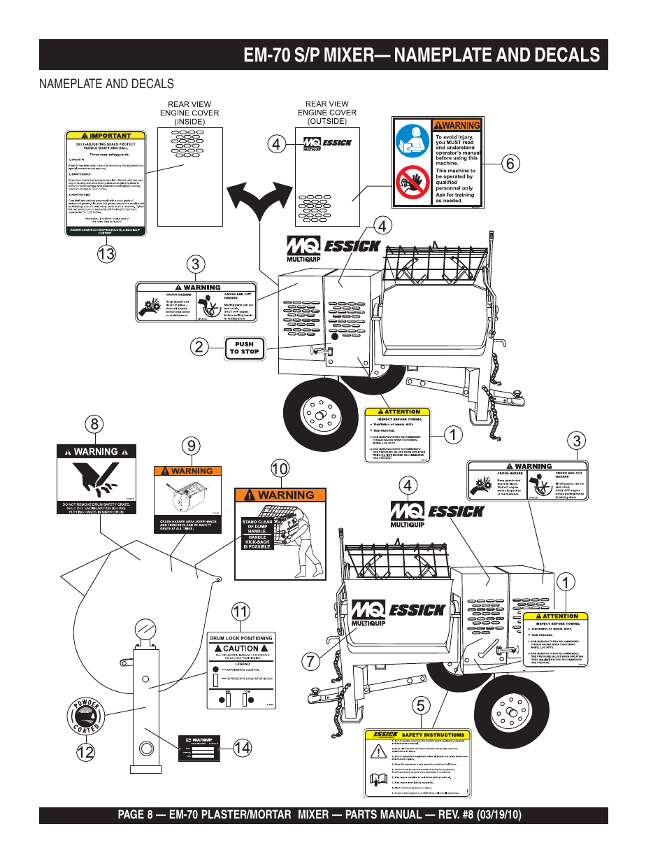 Em-70 s/p mixer— nameplate and decals | Multiquip EM70P User Manual | Page 8 / 100