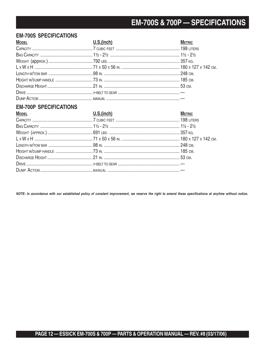 Em-700s specifications, Em-700p specifications | Multiquip EM700P User Manual | Page 12 / 30