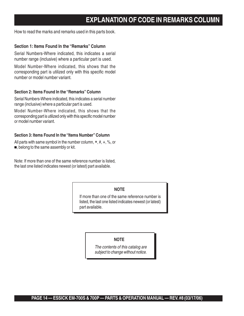 Explanation of code in remarks column | Multiquip EM700P User Manual | Page 14 / 30