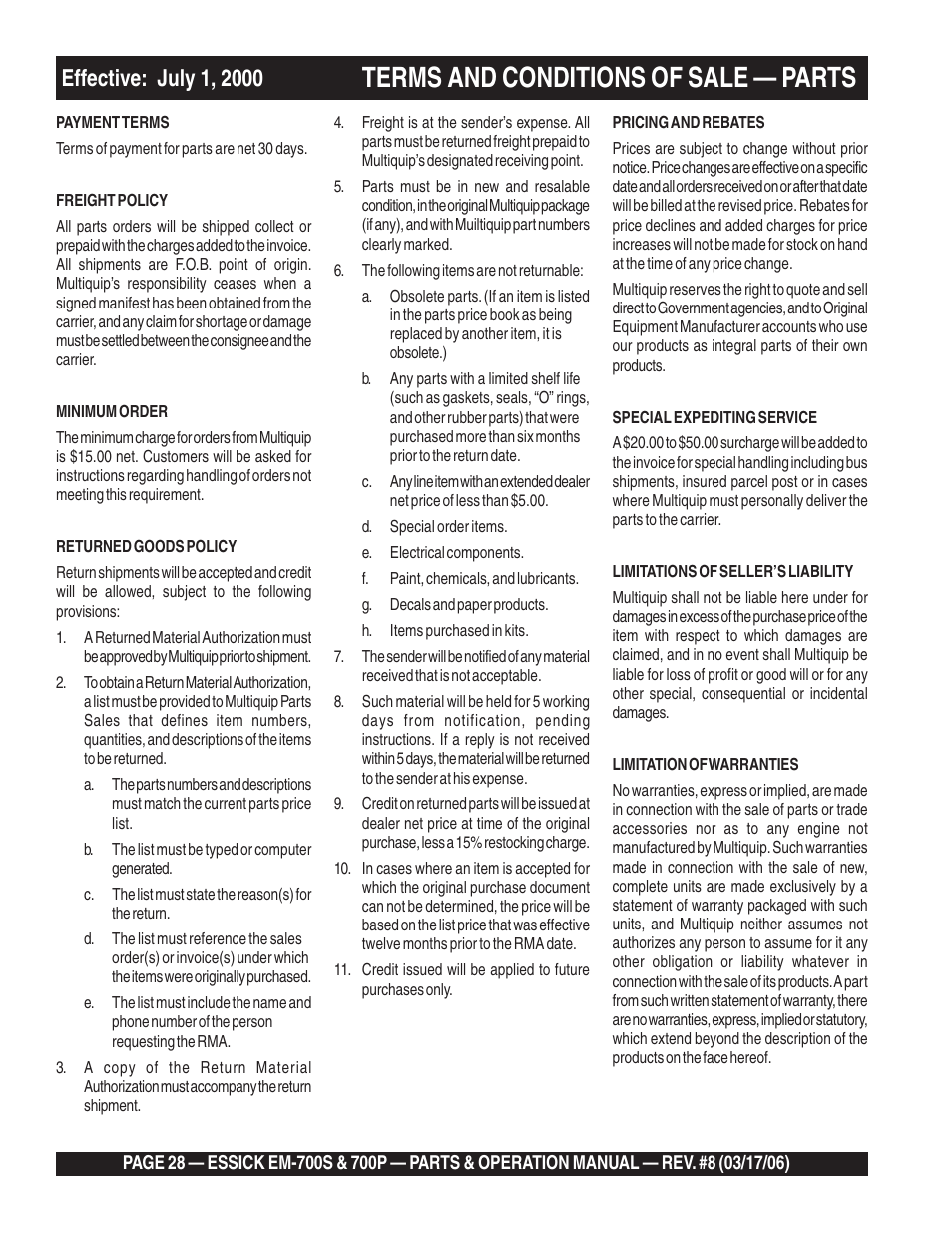 Terms and conditions of sale — parts | Multiquip EM700P User Manual | Page 28 / 30