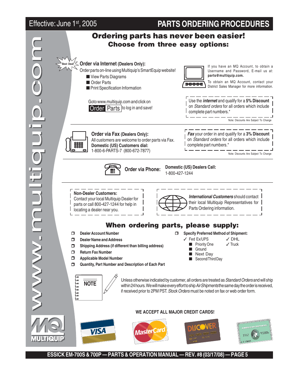 Parts ordering procedures, Effective: june 1, Ordering parts has never been easier | Choose from three easy options, When ordering parts, please supply, Order parts | Multiquip EM700P User Manual | Page 5 / 30