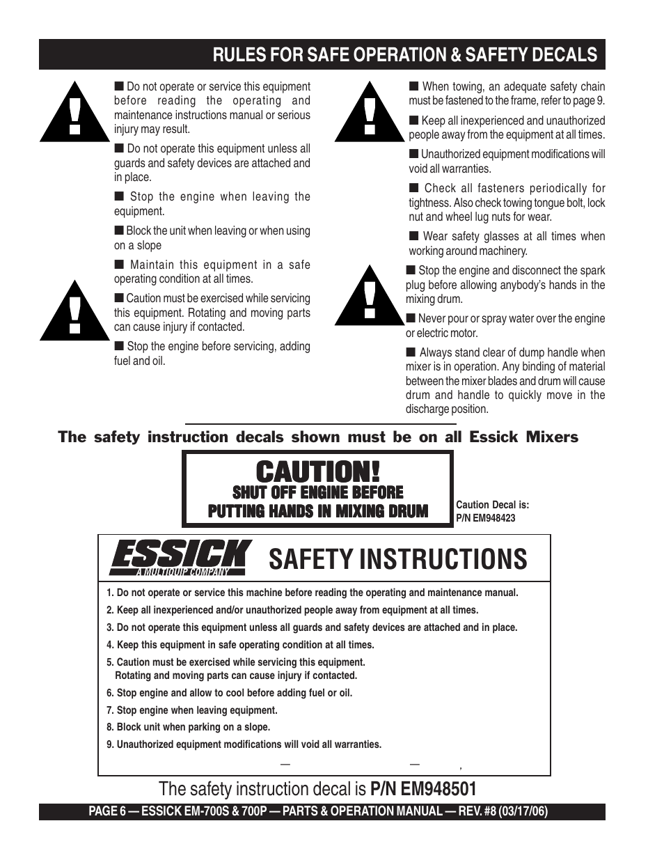 Safety instructions, Caution, Shut off engine before | Multiquip EM700P User Manual | Page 6 / 30