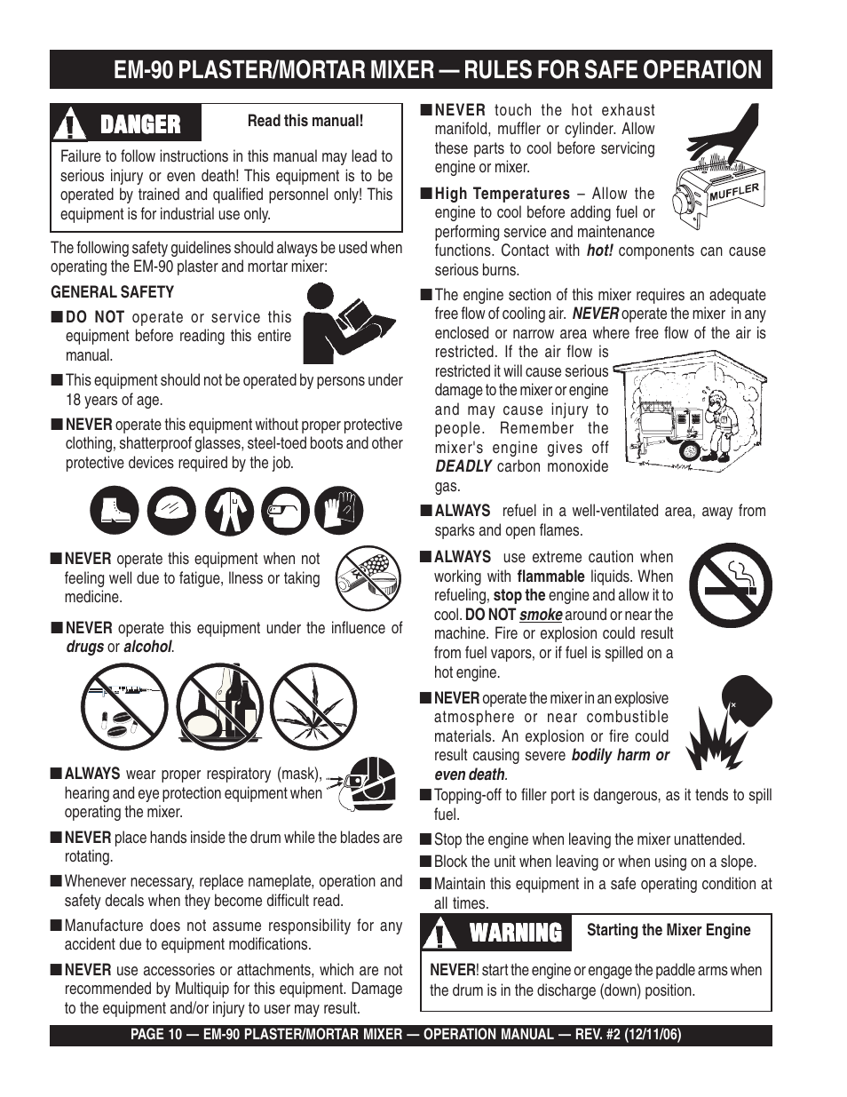 Danger, Warning | Multiquip EM90P User Manual | Page 10 / 40