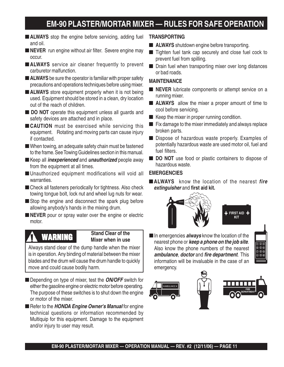 Warning | Multiquip EM90P User Manual | Page 11 / 40
