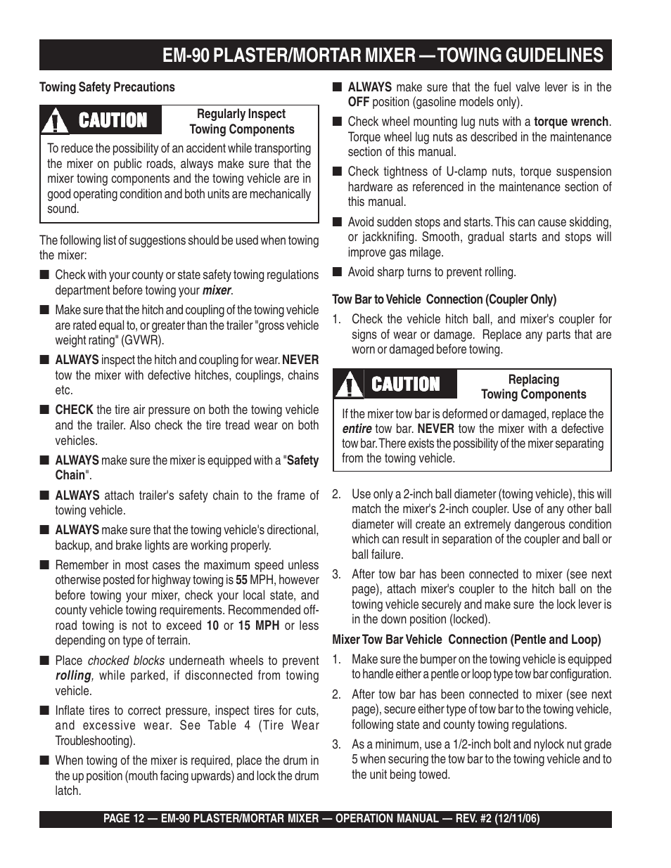 Em-90 plaster/mortar mixer — towing guidelines, Caution | Multiquip EM90P User Manual | Page 12 / 40