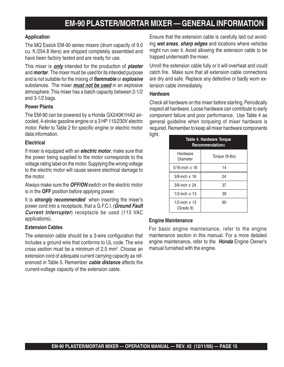 Em-90 plaster/mortar mixer — general information | Multiquip EM90P User Manual | Page 15 / 40