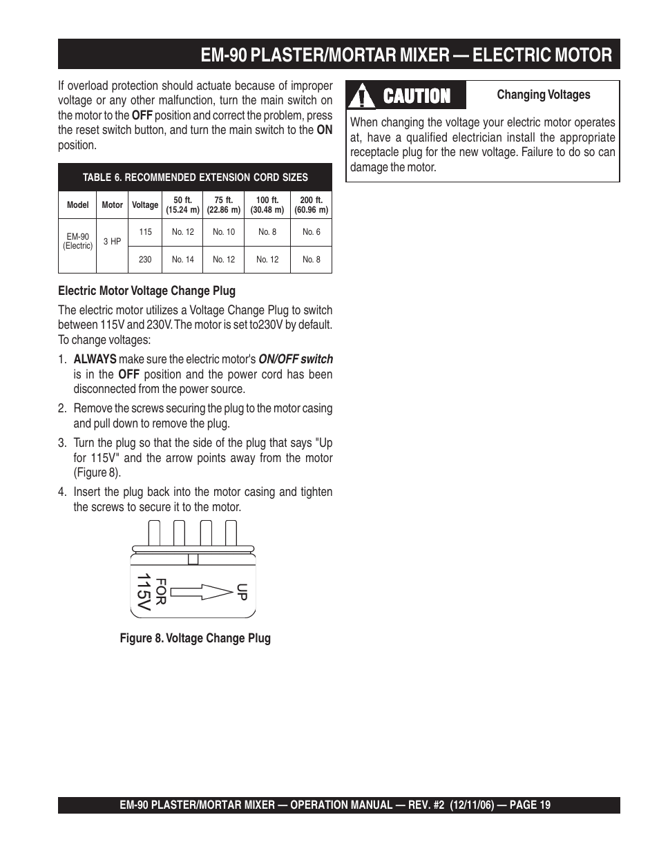 Em-90 plaster/mortar mixer — electric motor, Caution, Changing voltages | Multiquip EM90P User Manual | Page 19 / 40