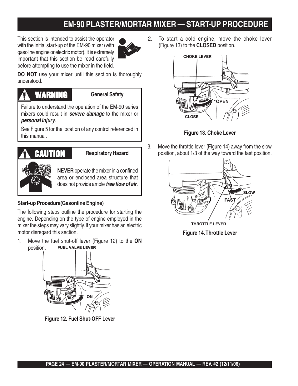 Em-90 plaster/mortar mixer — start-up procedure, Warning, Warning caution caution caution caution caution | Multiquip EM90P User Manual | Page 24 / 40