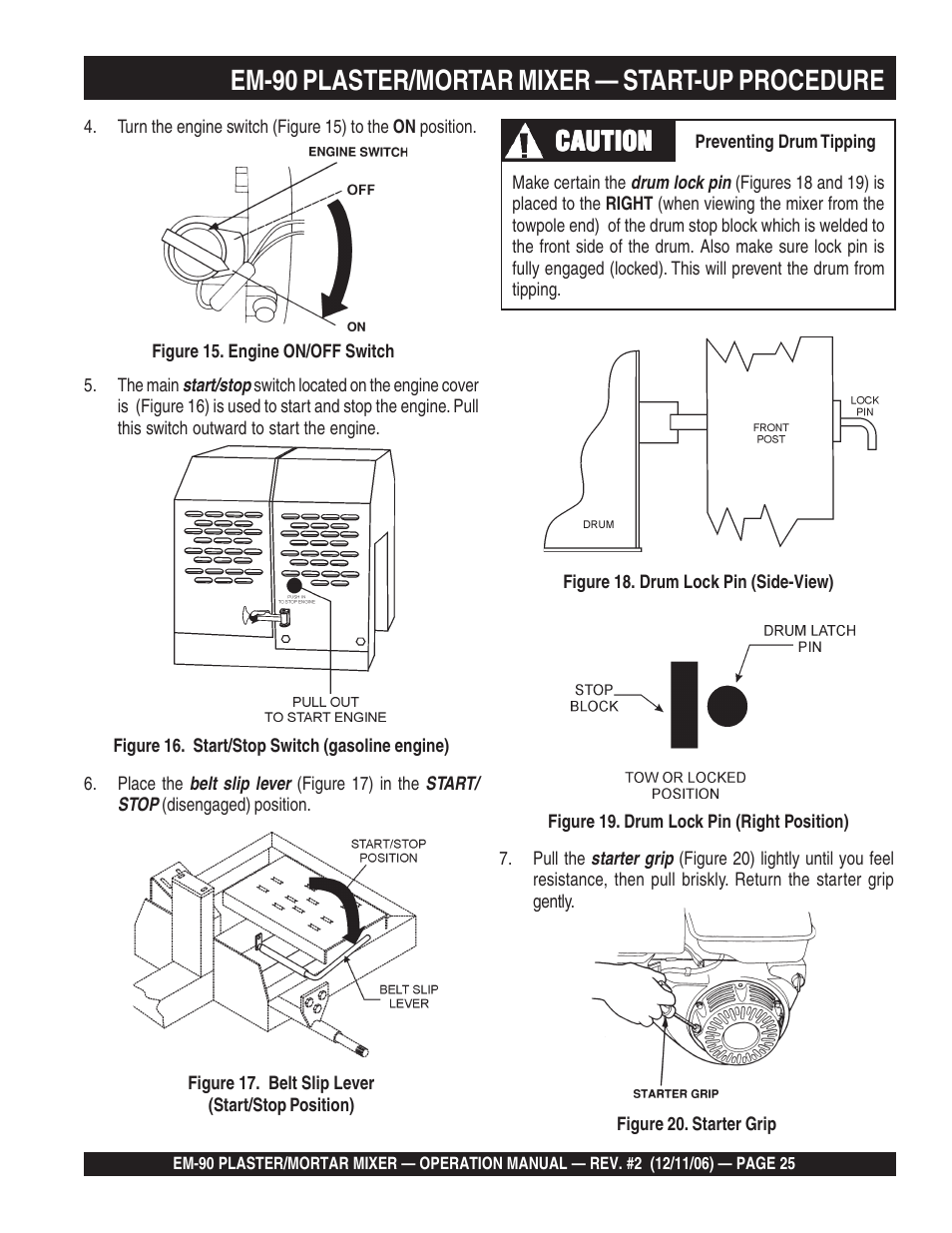 Em-90 plaster/mortar mixer — start-up procedure, Caution | Multiquip EM90P User Manual | Page 25 / 40