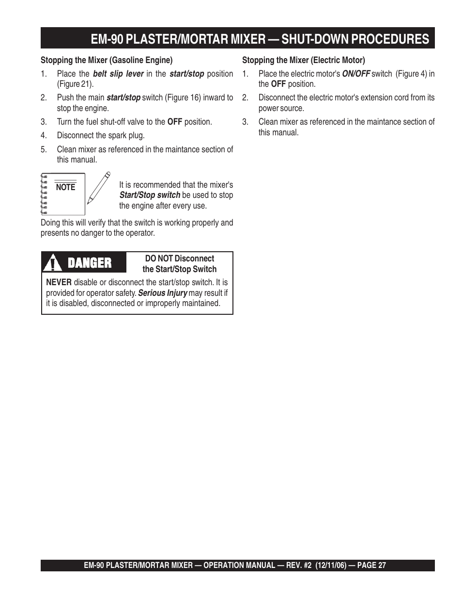 Em-90 plaster/mortar mixer — shut-down procedures, Danger | Multiquip EM90P User Manual | Page 27 / 40