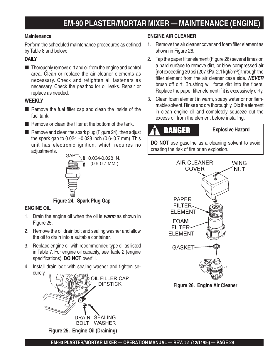 Em-90 plaster/mortar mixer — maintenance (engine), Danger | Multiquip EM90P User Manual | Page 29 / 40