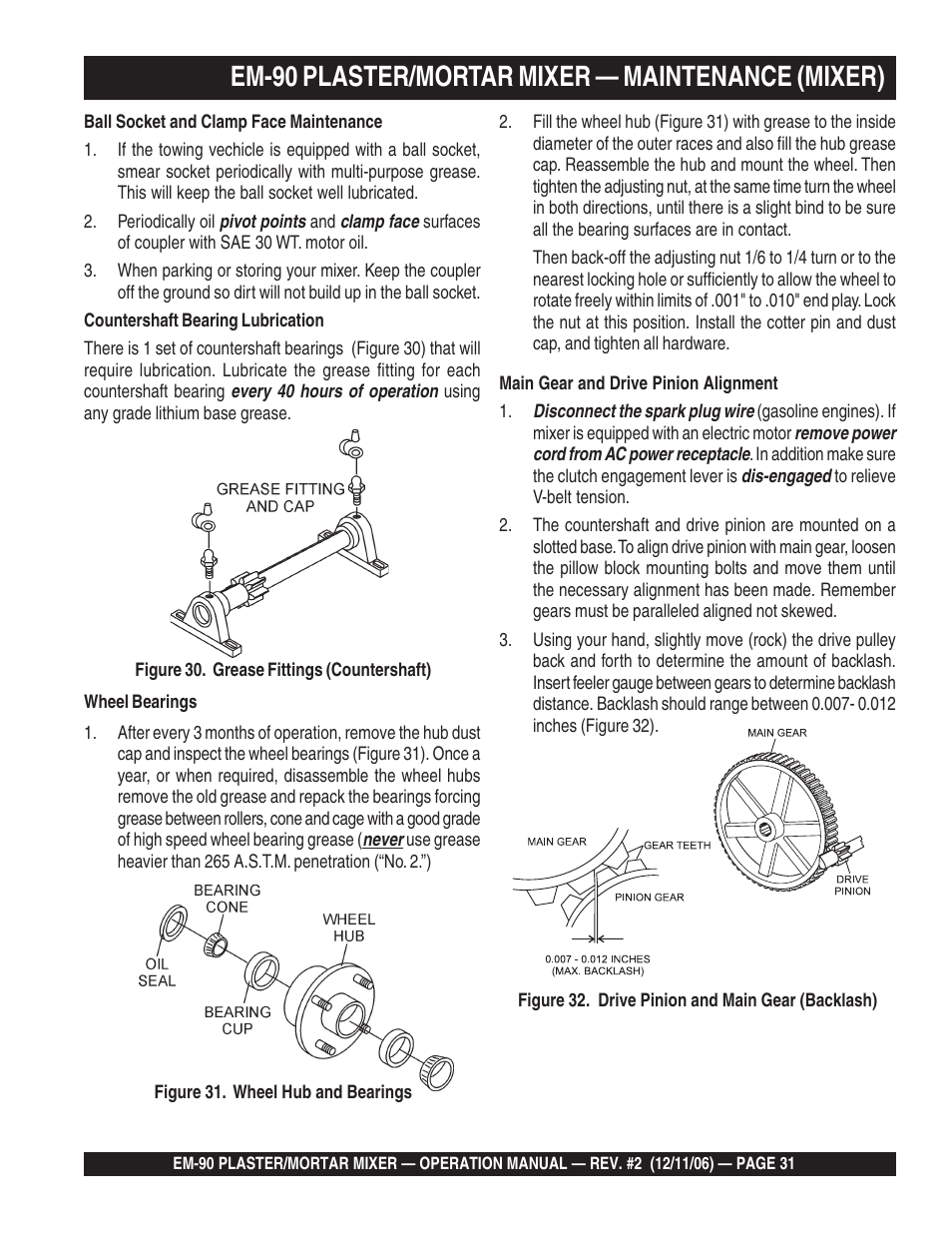 Em-90 plaster/mortar mixer — maintenance (mixer) | Multiquip EM90P User Manual | Page 31 / 40