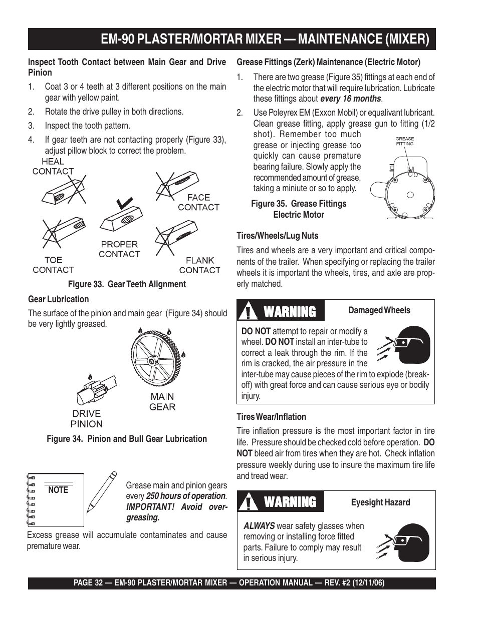 Em-90 plaster/mortar mixer — maintenance (mixer), Warning | Multiquip EM90P User Manual | Page 32 / 40