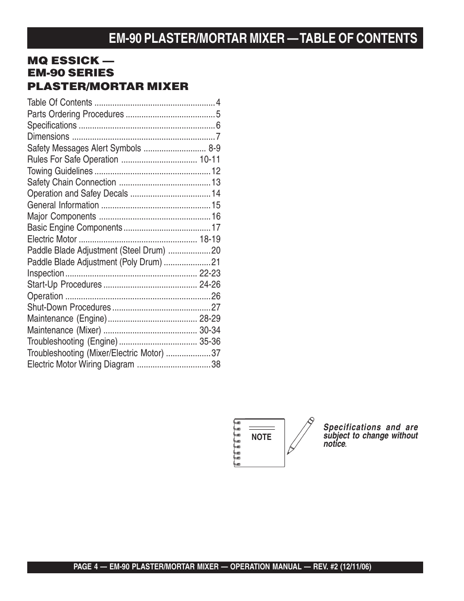 Em-90 plaster/mortar mixer — table of contents | Multiquip EM90P User Manual | Page 4 / 40
