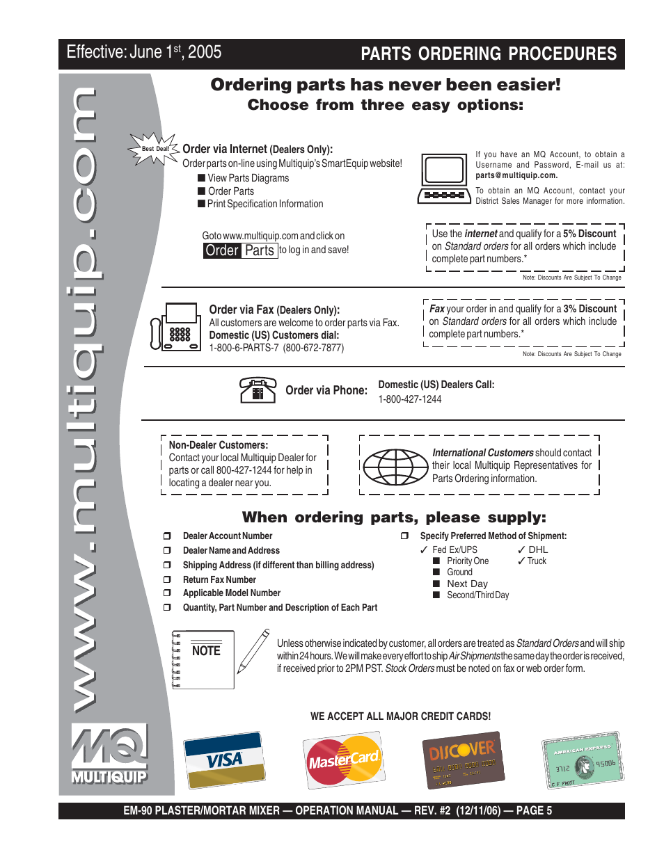 Parts ordering procedures, Effective: june 1, Ordering parts has never been easier | Choose from three easy options, When ordering parts, please supply, Order parts | Multiquip EM90P User Manual | Page 5 / 40