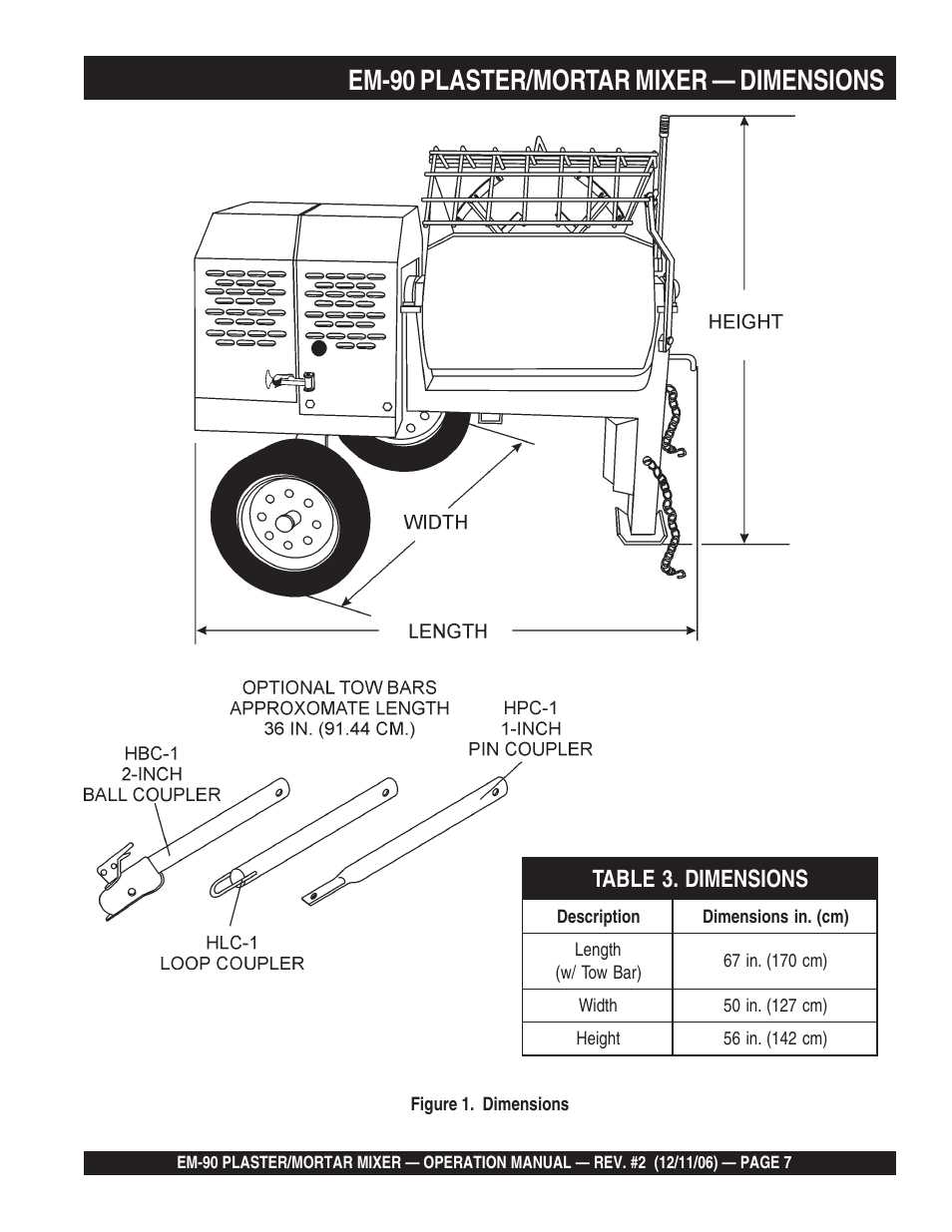 Em-90 plaster/mortar mixer — dimensions | Multiquip EM90P User Manual | Page 7 / 40