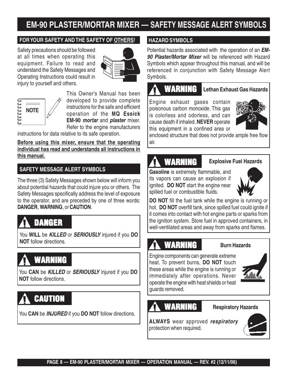 Danger, Warning | Multiquip EM90P User Manual | Page 8 / 40