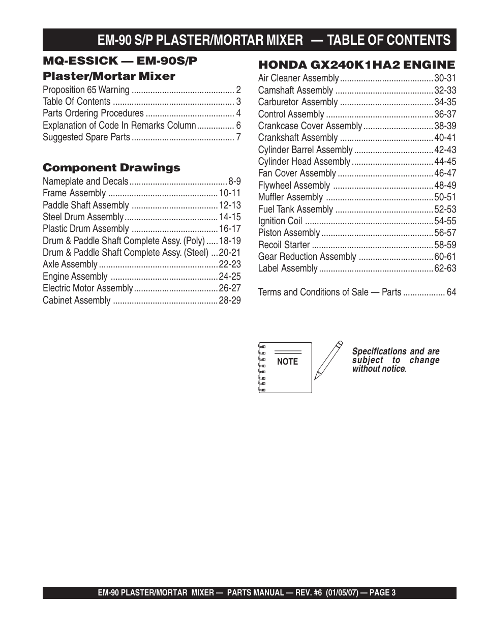 Em-90 s/p plaster/mortar mixer — table of contents | Multiquip EM90P User Manual | Page 3 / 66