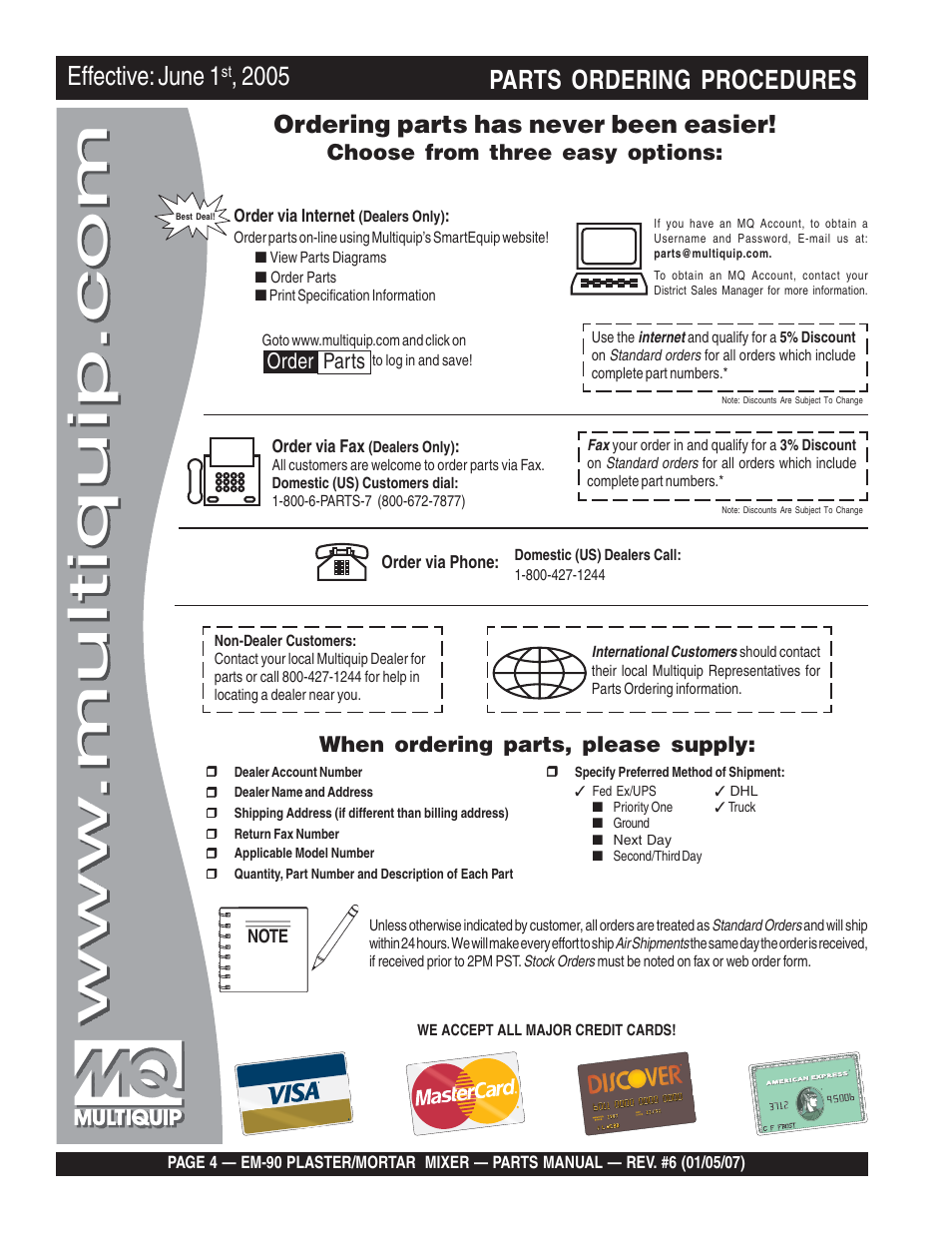 Parts ordering procedures, Effective: june 1, Ordering parts has never been easier | Choose from three easy options, When ordering parts, please supply, Order parts | Multiquip EM90P User Manual | Page 4 / 66