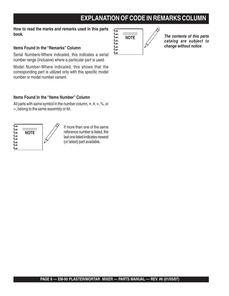 Explanation of code in remarks column | Multiquip EM90P User Manual | Page 6 / 66