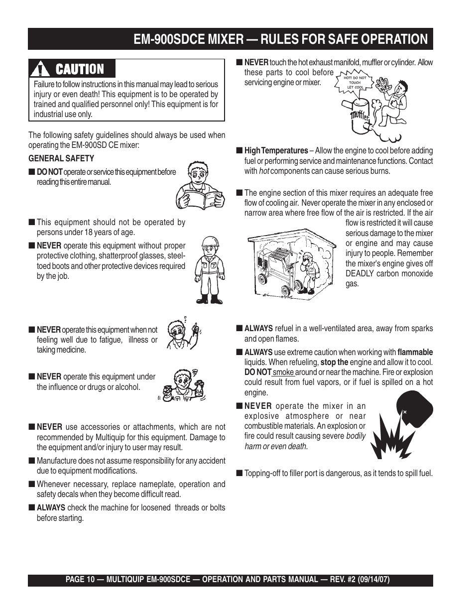 Em-900sdce mixer — rules for safe operation, Cauti, Cauti caution | Multiquip EM900SDCE User Manual | Page 10 / 44