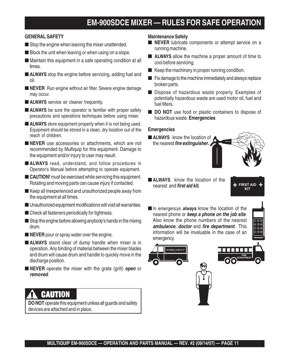 Em-900sdce mixer — rules for safe operation, Cauti, Cauti caution | Multiquip EM900SDCE User Manual | Page 11 / 44