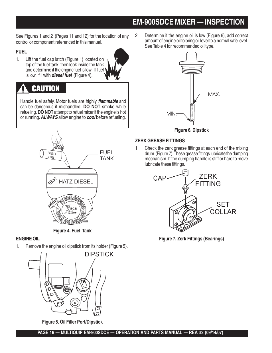 Em-900sdce mixer — inspection, Cauti, Cauti caution | Multiquip EM900SDCE User Manual | Page 16 / 44