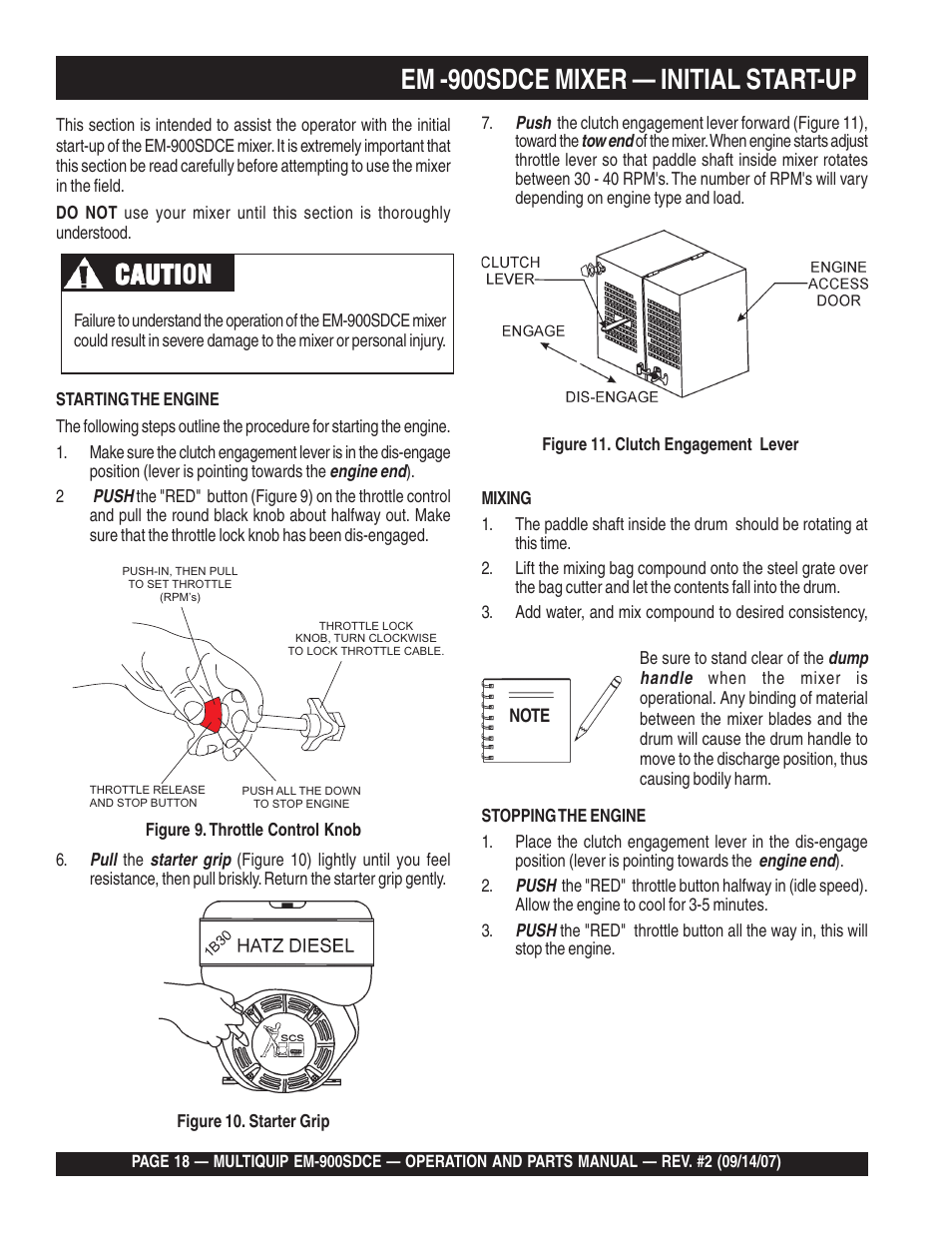Em -900sdce mixer — initial start-up, Cauti, Cauti caution | Multiquip EM900SDCE User Manual | Page 18 / 44
