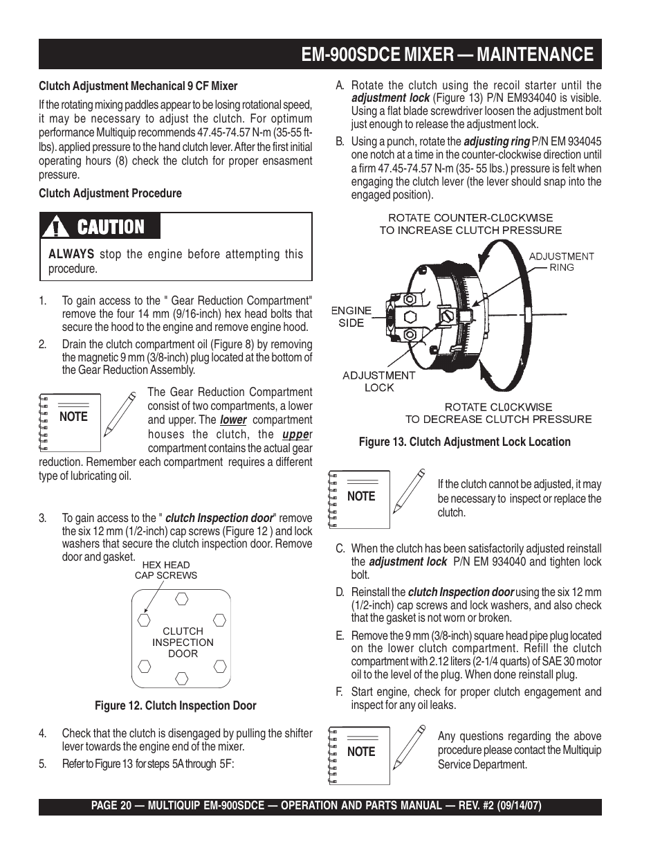 Em-900sdce mixer — maintenance, Cauti, Cauti caution | Multiquip EM900SDCE User Manual | Page 20 / 44