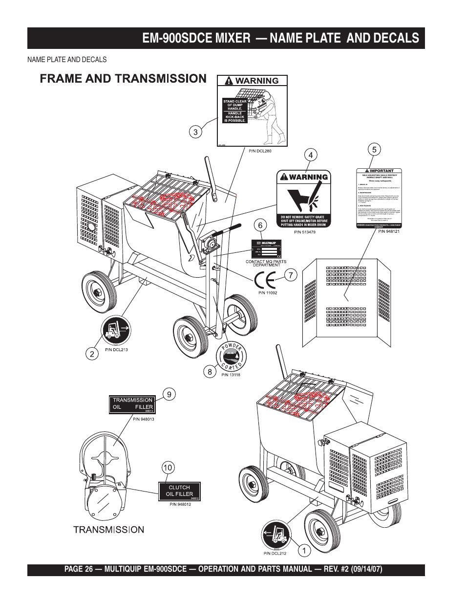 Em-900sdce mixer — name plate and decals | Multiquip EM900SDCE User Manual | Page 26 / 44